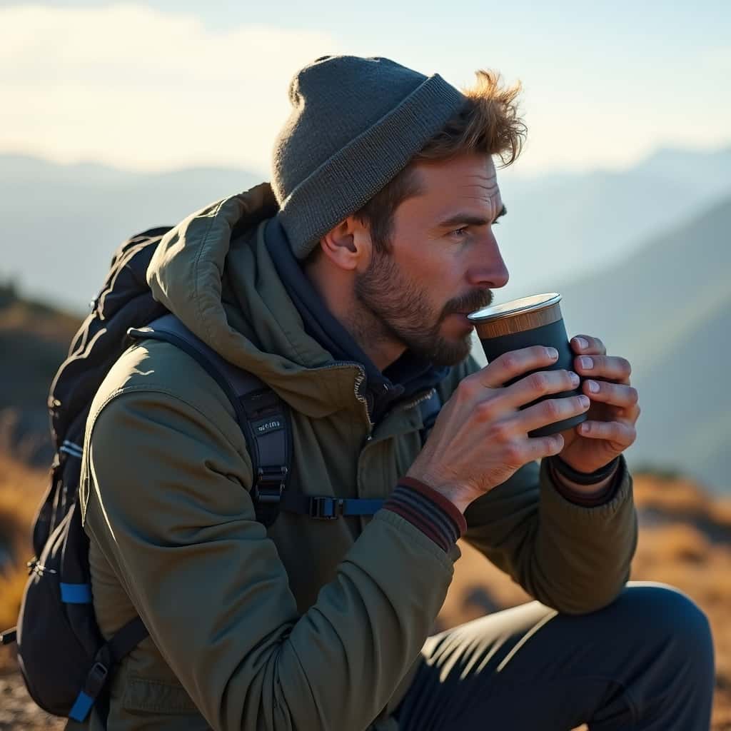 Cafetière manuelle portable en utilisation lors d'une randonnée