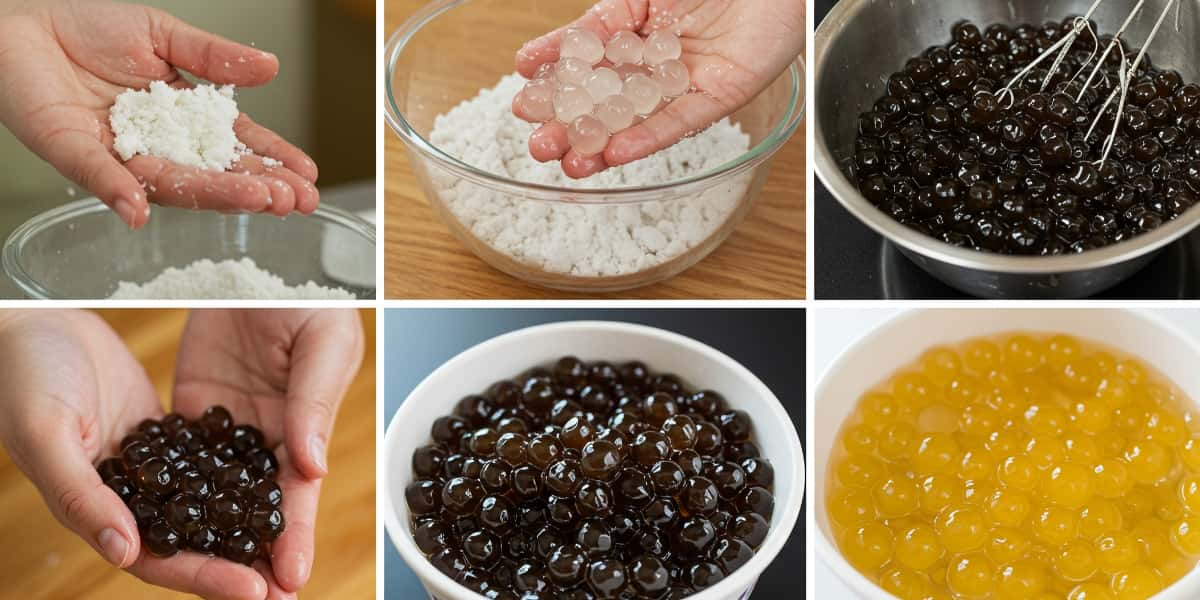Perles de tapioca et popping boba : formes, couleurs et texture typiques du bubble tea.
