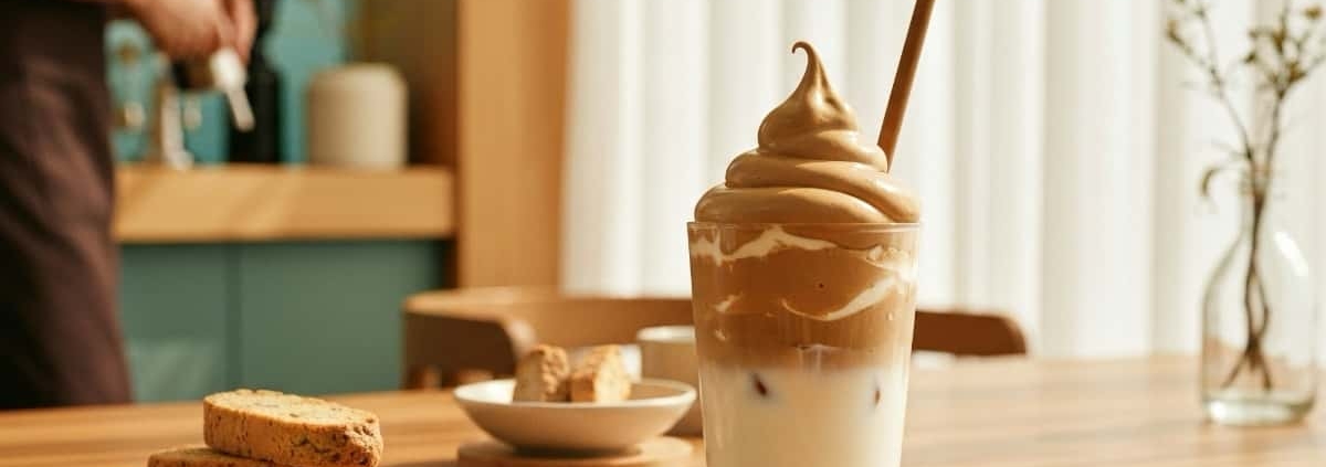 Café dalgona coréen, mousse onctueuse sur lait glacé, ambiance coffee shop moderne