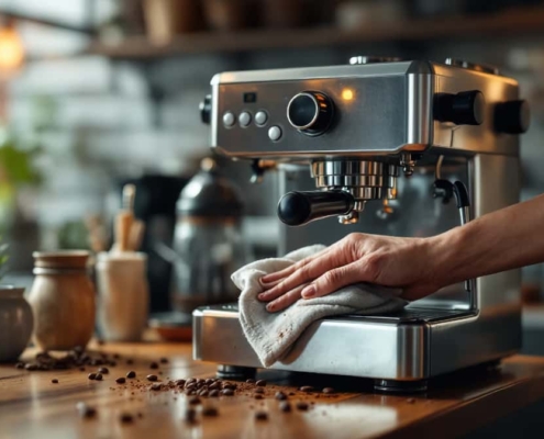 Nettoyage d’une machine à café professionnelle avec accessoires et produits adaptés