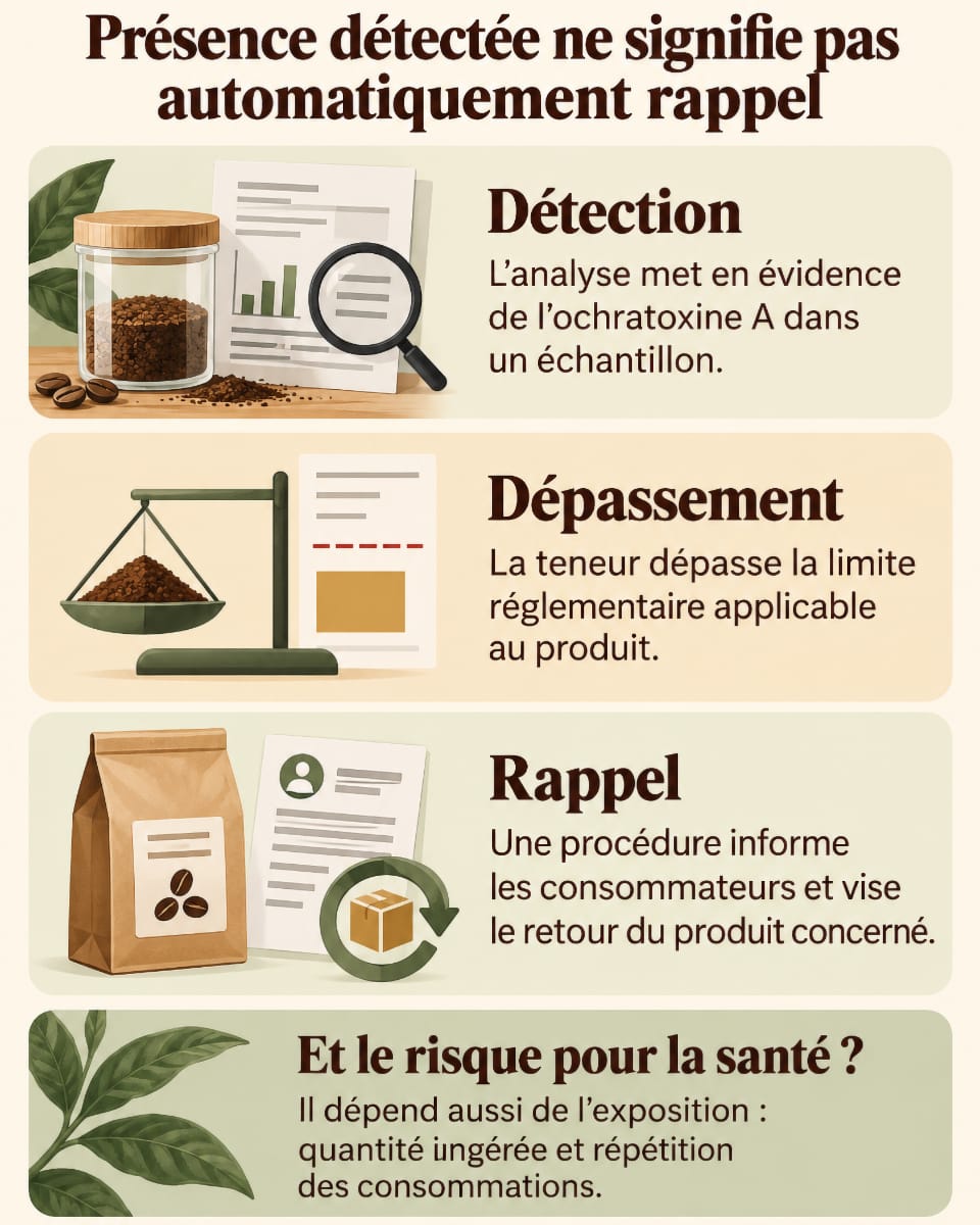 Infographie distinguant la détection d’ochratoxine A, le dépassement d’une limite réglementaire et le rappel d’un produit.