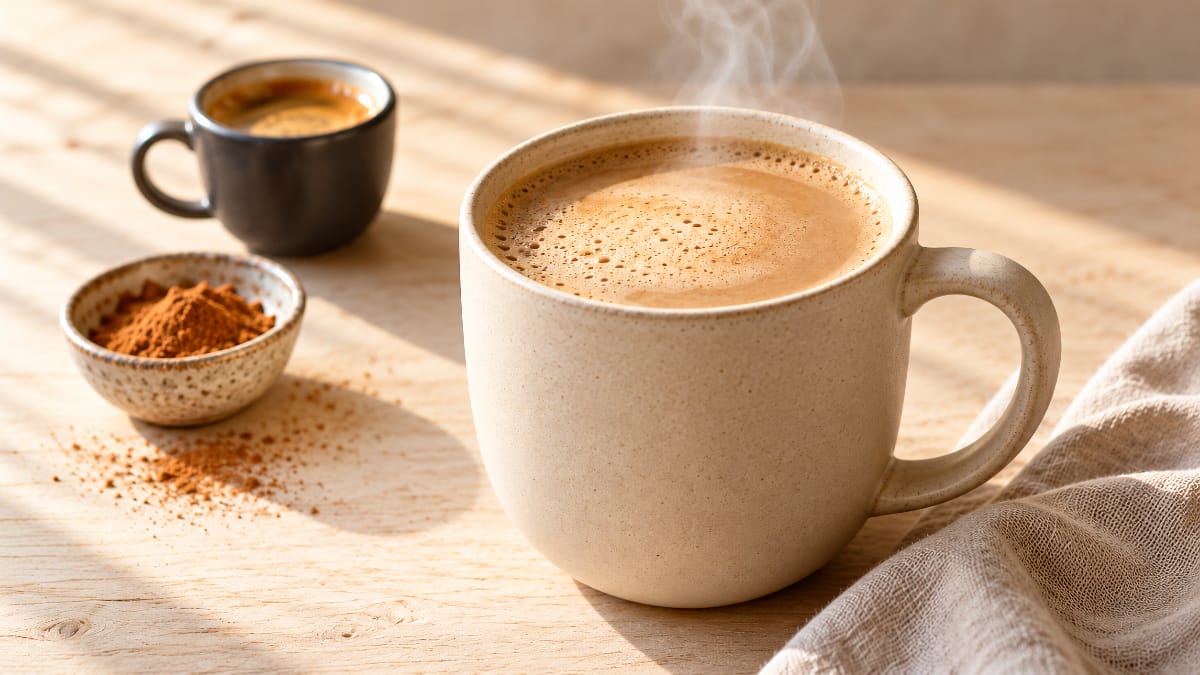 Café protéiné chaud servi dans une tasse avec une mousse légère