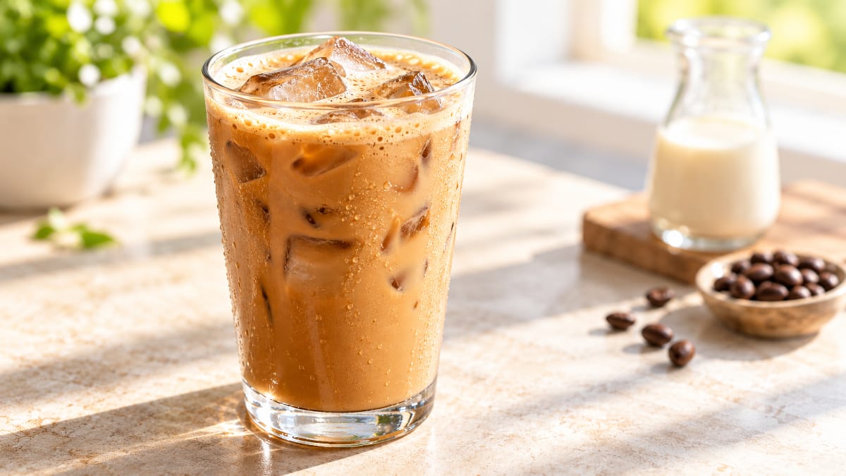 Café protéiné glacé avec glaçons, café et mousse légère