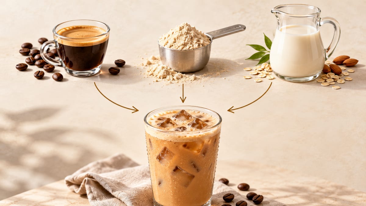 Schéma des ingrédients d’un café protéiné avec café, poudre protéinée et lait ou boisson végétale