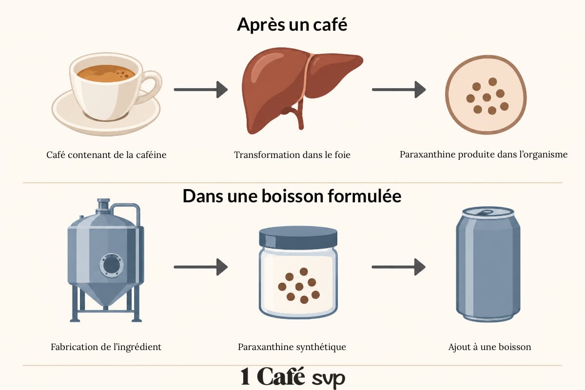 Schéma comparant la production de paraxanthine dans le foie après un café et la fabrication de paraxanthine synthétique ajoutée à une boisson.
